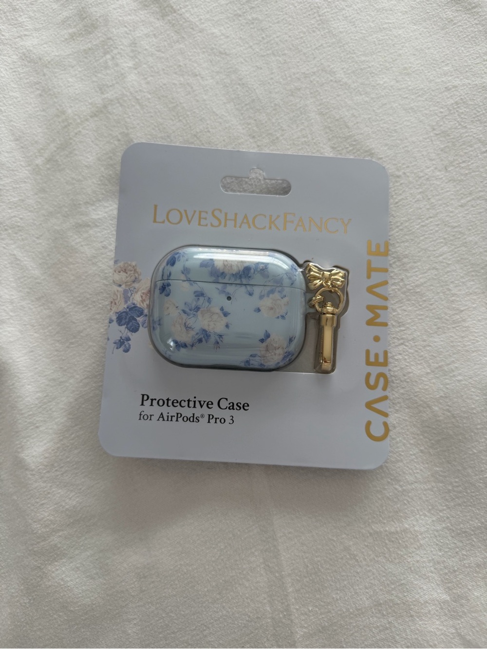 LoveShackFancy Blue Floral AirPods Pro 3 Protective Case with Gold Bow Charm